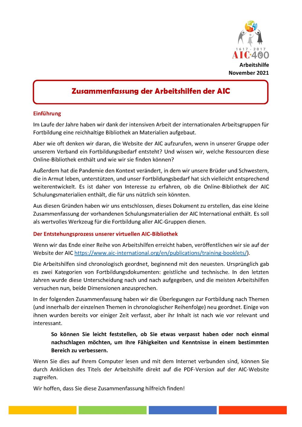 Zusammenfassung der AIC Arbeitshilfen