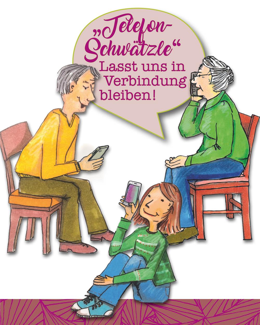 Im Comic-Stil gezeichnete Frauen unterschiedlichen Alters telefonieren miteinander